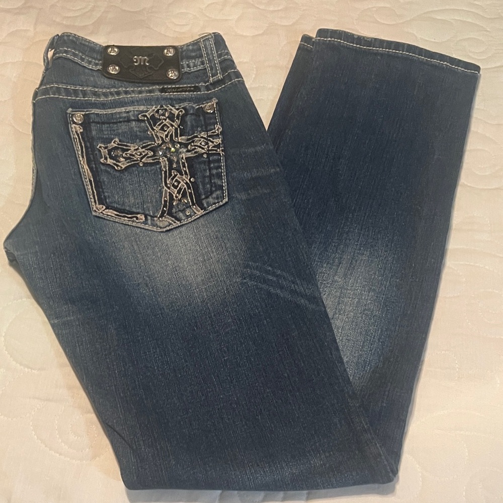 Miss Me Dark Blue Boot Cut Jeans with Cross Detail